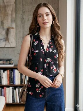 Express Sleeveless Black Floral Button-Front Blouse